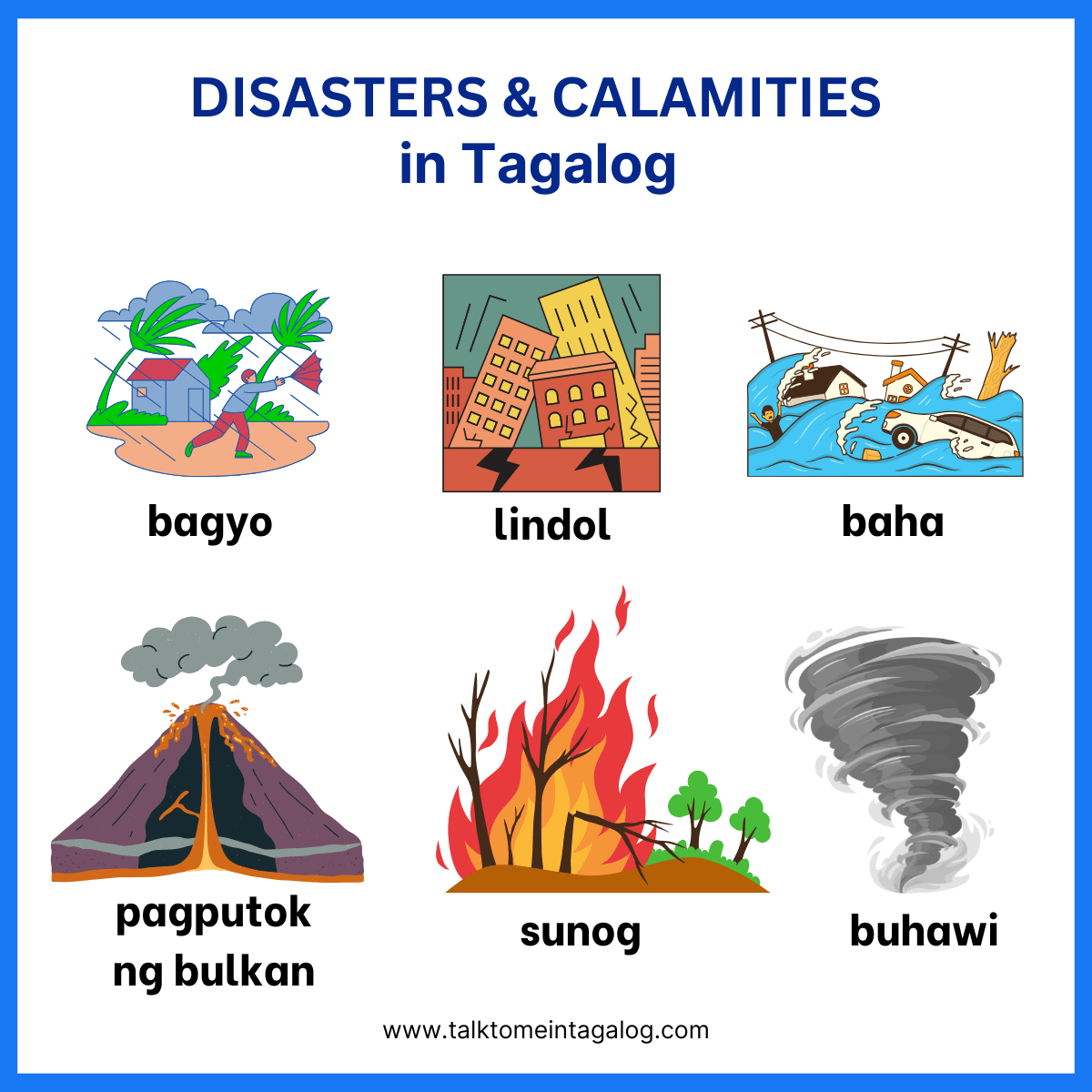 Illustration of natural disasters and calamities with Tagalog labels – earthquakes, typhoons, floods, and volcanoes