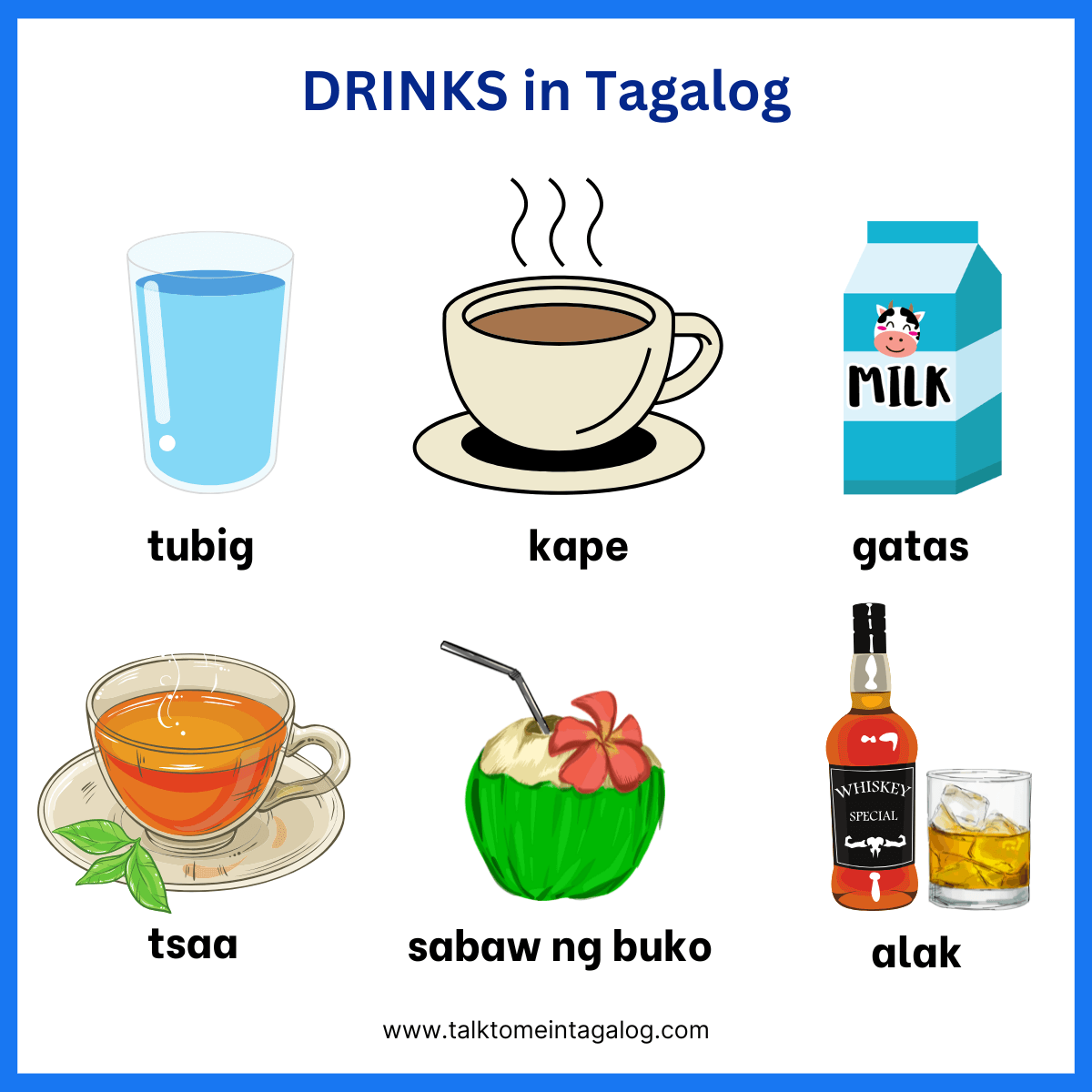 a group of drinks and beverages in Tagalog