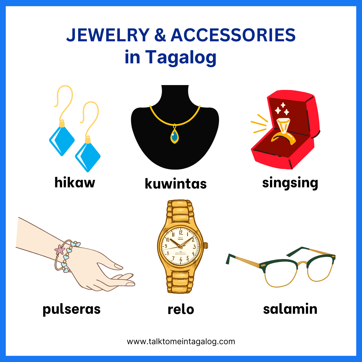 a poster with a picture of jewelry and accessories with Tagalog words