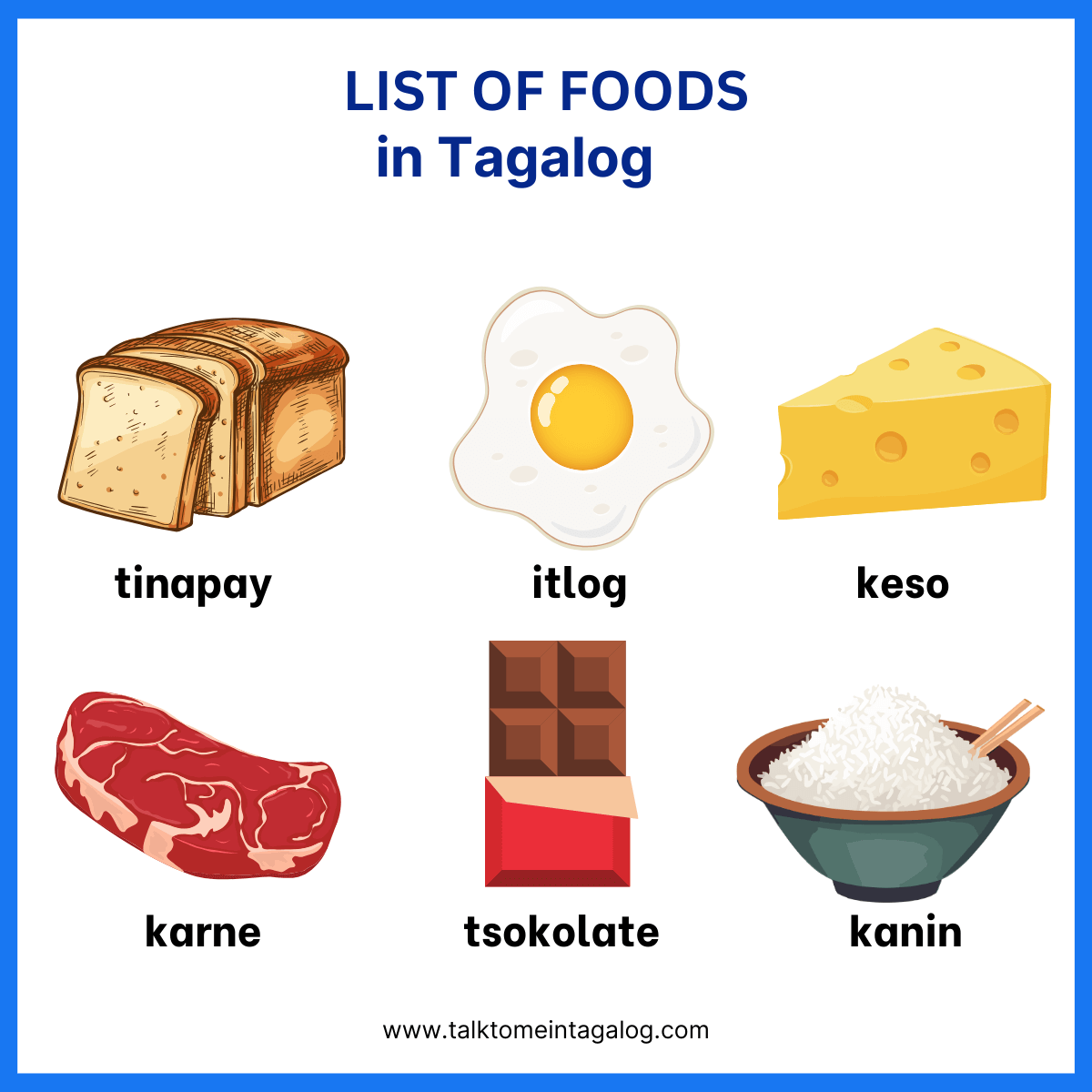 a list of foods with Tagalog and English translation