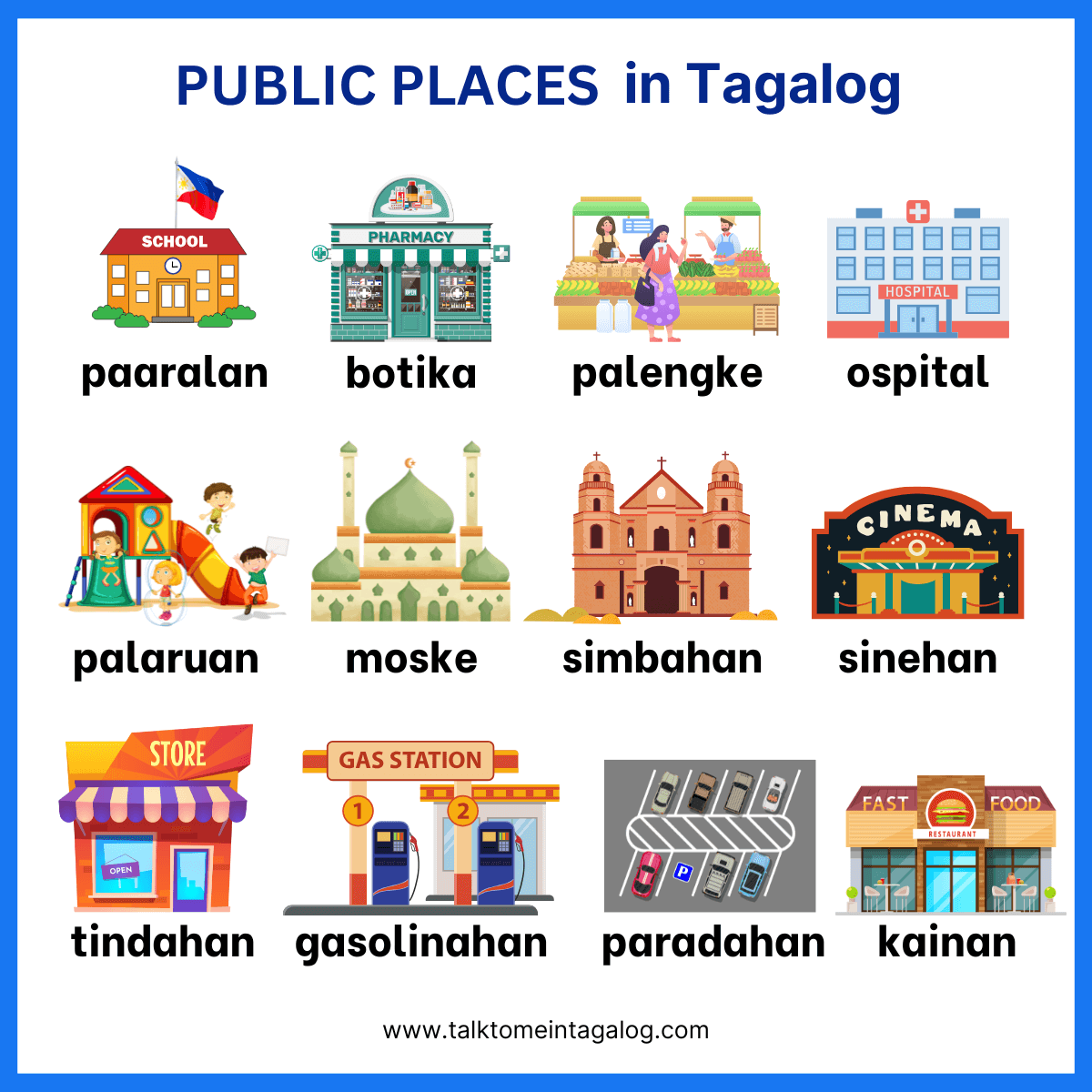 Illustration of Public Places in Tagalog
