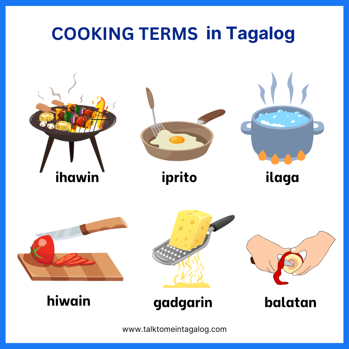 Tagalog cooking and food preparation terms with ingredients and kitchen tools, Filipino culinary vocabulary for home cooks and learners