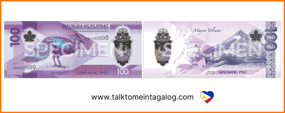The 100-piso polymer banknote features the endemic and endangered Palawan peacock-pheasant and the iconic Mayon Volcano and the native and endangered whale shark on the back.