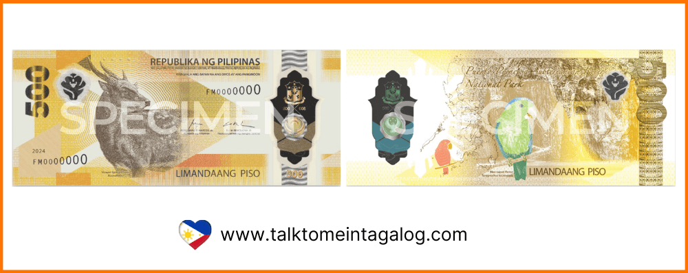 500-peso polymer banknote features the endemic and critically endangered Visayan spotted deer on the front and the reverse side highlights the Puerto Princesa Subterranean River National Park and the native and critically endangered blue-naped parrot.