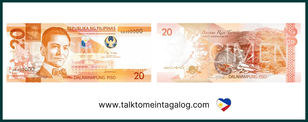 20 Philippine peso paper banknote featuring Manuel L. Quezon on the front and the Banaue Rice Terraces with a Philippine palm civet on the back – part of the New Generation Currency series issued by the Bangko Sentral ng Pilipinas before the polymer version.