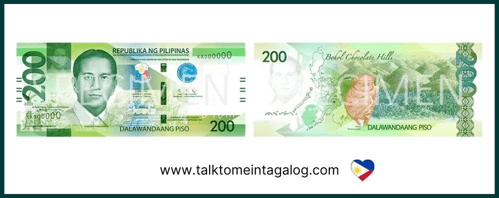 200 Philippine peso paper bill with Diosdado Macapagal on the front and the Chocolate Hills of Bohol with the tarsier on the back – issued by the Bangko Sentral ng Pilipinas as part of the New Generation Currency paper series.