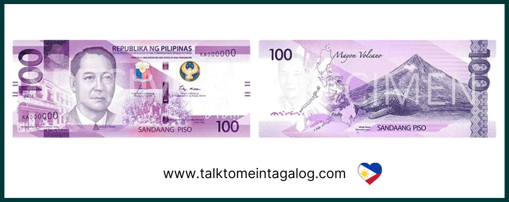 100 Philippine peso paper banknote featuring Manuel A. Roxas on the front and the Mayon Volcano with a perfect cone shape on the back – part of the New Generation Currency paper series of the Bangko Sentral ng Pilipinas.