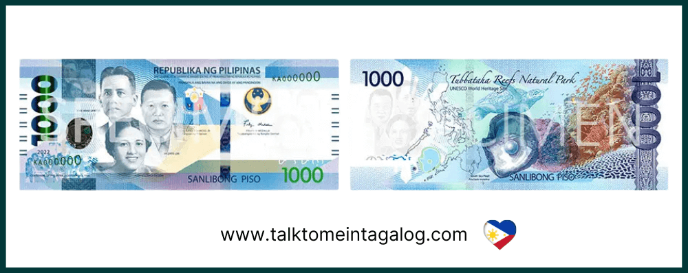 1000 Philippine peso paper banknote from the New Generation Currency series showing Filipino heroes Jose Abad Santos, Vicente Lim, and Josefa Llanes Escoda, along with the Tubbataha Reefs Natural Park and South Sea Pearl design, used in the Philippines before the polymer version was introduced.