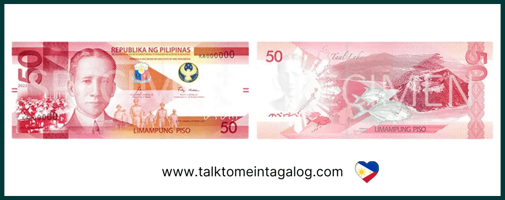 50 Philippine peso paper bill showing Sergio Osmeña on the front and the Taal Lake and Taal Volcano on the back – New Generation Currency banknote used in the Philippines before the polymer series.
