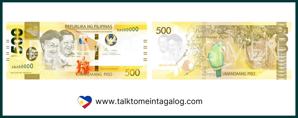500 Philippine peso paper banknote featuring Benigno Aquino Jr. and Corazon Aquino on the front and the Subterranean River National Park in Palawan on the back – from the New Generation Currency series before the polymer version.