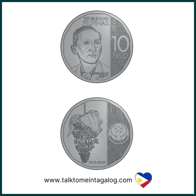 10 Philippine peso coin made of bi-metallic material, featuring the Bangko Sentral ng Pilipinas logo, national symbols, and intricate design, currently in circulation in the Philippines.