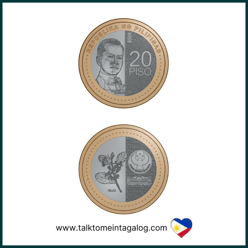 20 Philippine peso coin made of bi-metallic material, featuring the Bangko Sentral ng Pilipinas logo, national symbols, and detailed design elements, currently in circulation in the Philippines.