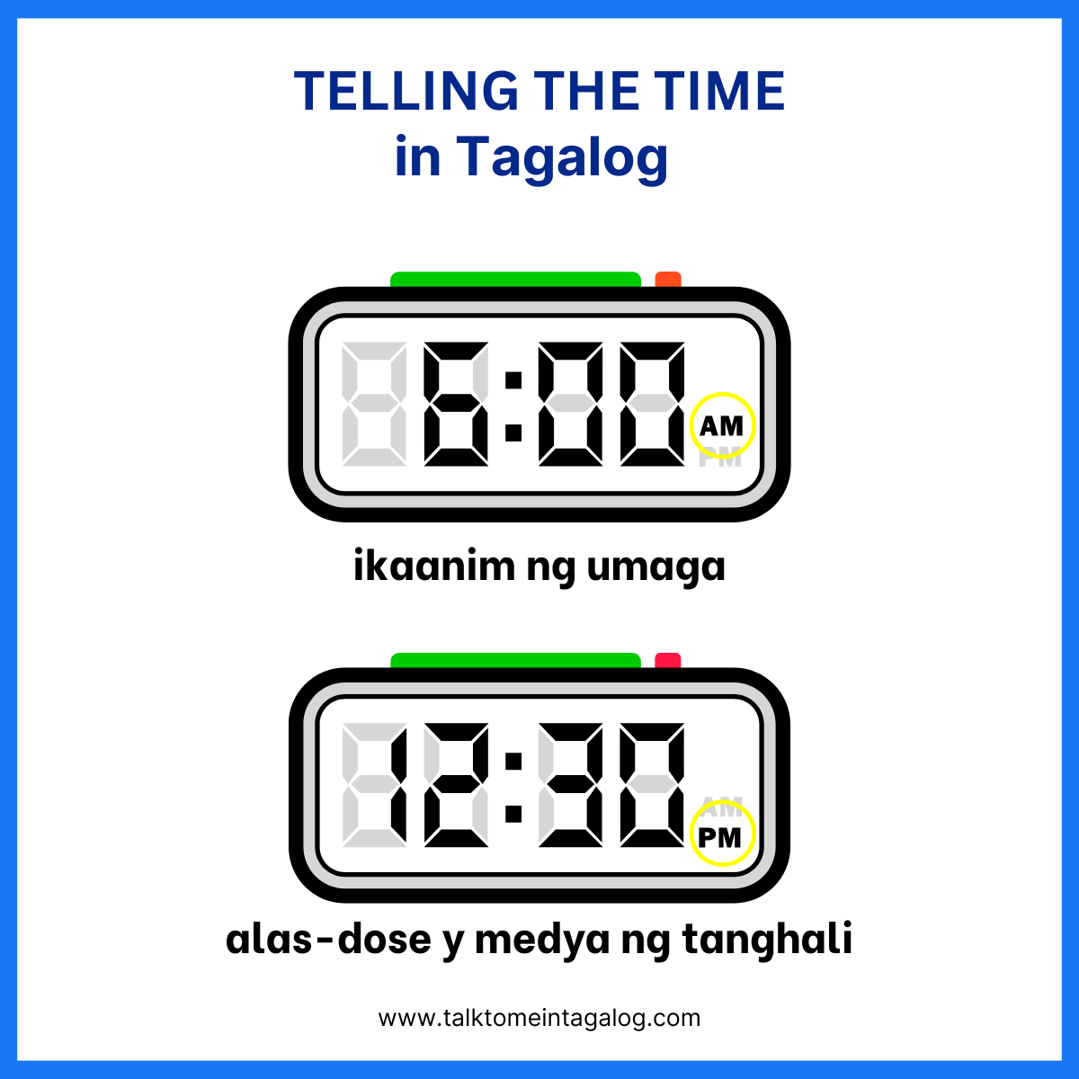 Tagalog time-telling chart showing native Filipino numbers and Spanish-influenced numbers with analog clock examples for learning how to say the time in Filipino